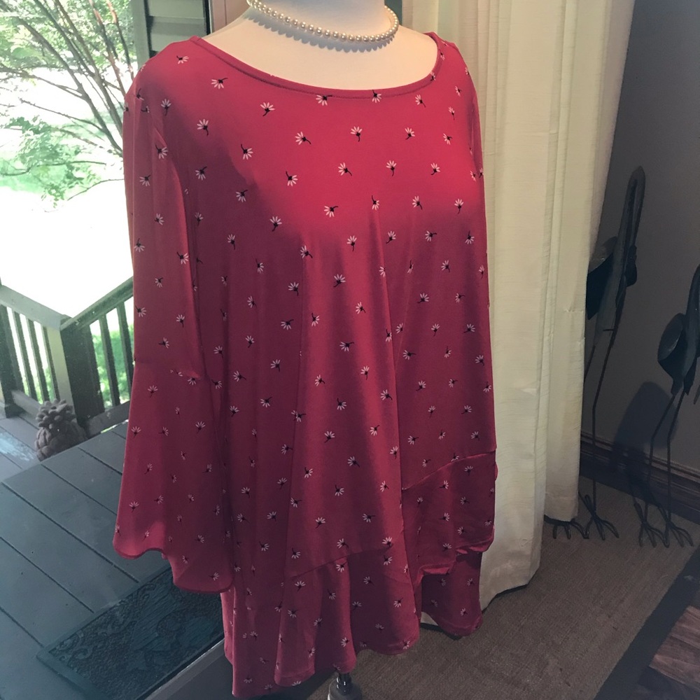 NWT Roz & Ali 1X Red shirt w/ asymetrical ruffles